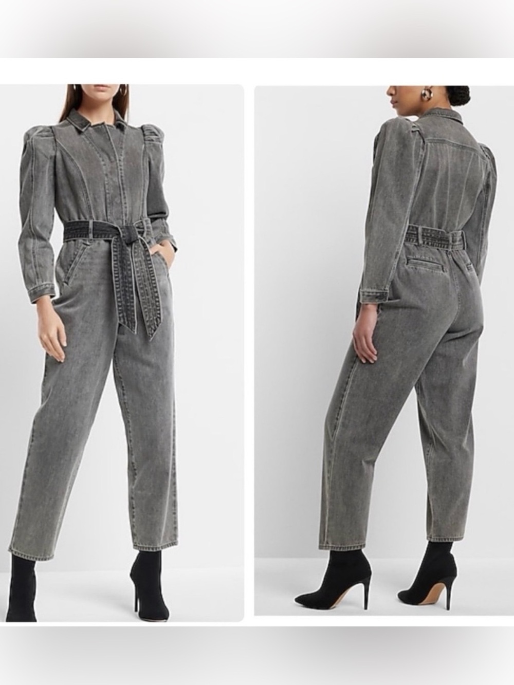 Express Puff Sleeve Tie Waist Gray Wash Denim Jumpsuit Size 6